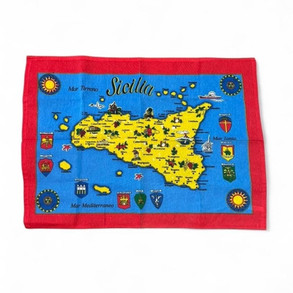 Sicily‎ Italy map tea towel bright graphic excellent condition